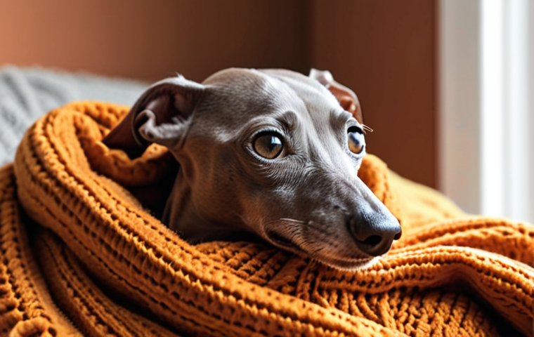 **Prompt:** Cozy Italian Greyhound indoors, curled up in a soft blanket in a warm, inviting home. Focus on comfort and security.  Emphasis on warm colors and textures.