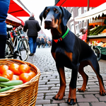 **

A Dobermann puppy playing in a bustling Dutch marketplace. The pup is surrounded by people of different ages and ethnicities, bicycles, market stalls overflowing with fresh produce, and the sounds of lively chatter. Focus on the puppy's curious and confident expression, indicating early socialization in a typical Dutch setting.

**