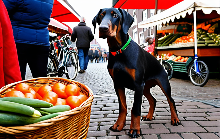 **

A Dobermann puppy playing in a bustling Dutch marketplace. The pup is surrounded by people of different ages and ethnicities, bicycles, market stalls overflowing with fresh produce, and the sounds of lively chatter. Focus on the puppy's curious and confident expression, indicating early socialization in a typical Dutch setting.

**
